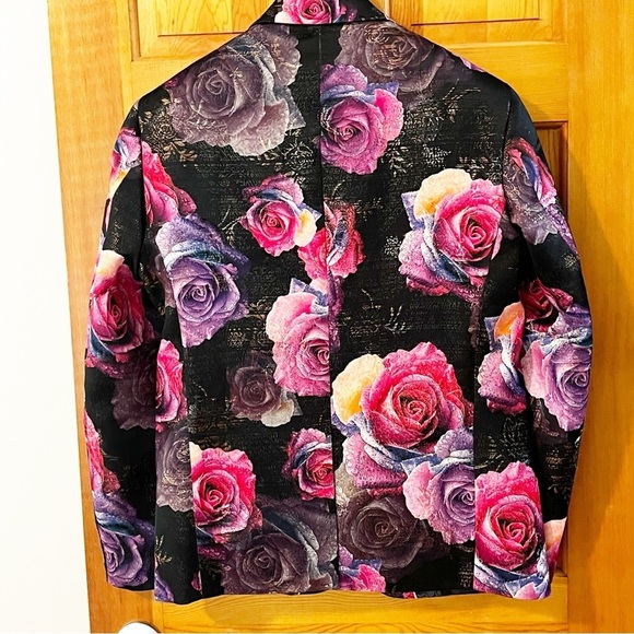 Womens Printed Floral Blazer Jacket Sz L Pink Purple Roses Formal Garden Party - Picture 6 of 11